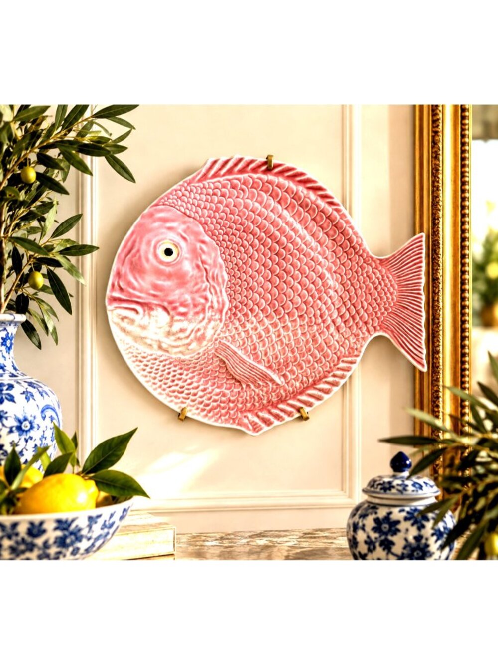 Vintage Bordallo Pinheiro Pink White Fish Shaped Plate Portuguese Majolica 10.5"